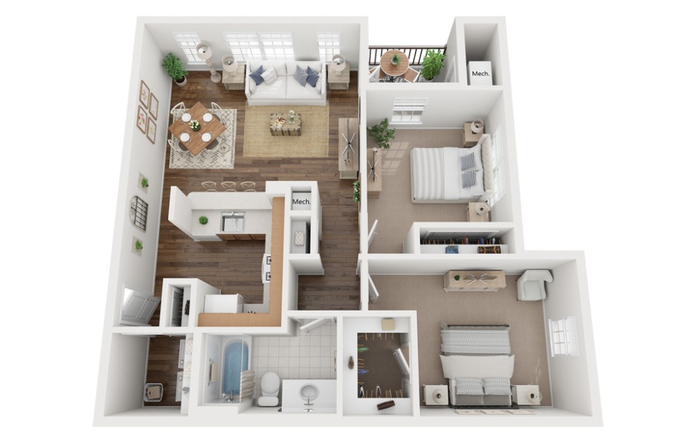 B1 - 2 bedroom floorplan layout with 1 bathroom and 893 square feet (3D Image, 3D)