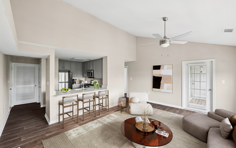B1 - 2 bedroom floorplan layout with 1 bathroom and 893 square feet (Living + Dining Room, 3D)