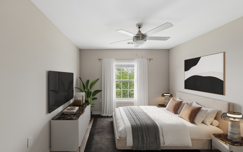 B1 - 2 bedroom floorplan layout with 1 bathroom and 893 square feet (Bedroom, 3D)