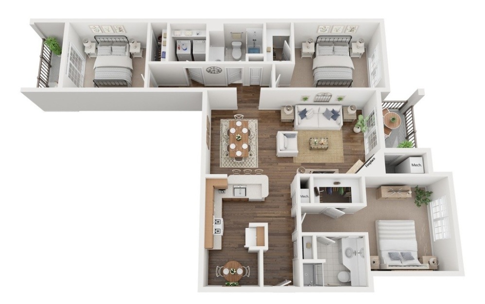 #14060404 - 3 bedroom floorplan layout with 2 bathrooms and 1294 square feet (3D)