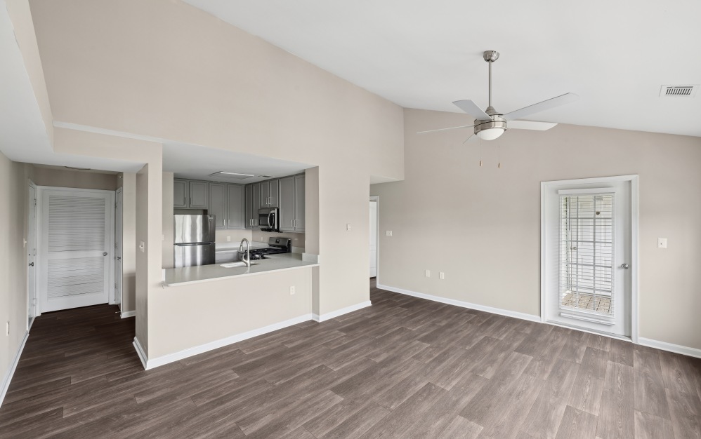 B1 - 2 bedroom floorplan layout with 1 bathroom and 893 square feet (Living + Dining Room)